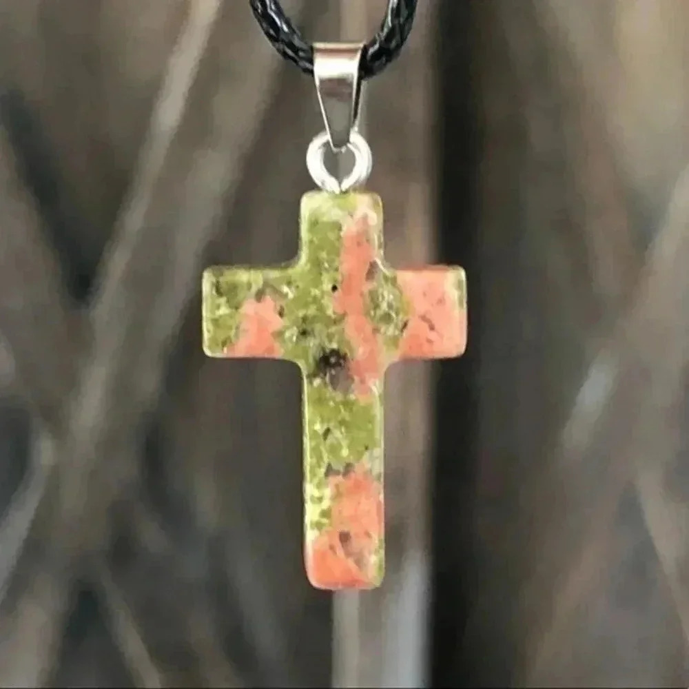 Unakite Cross Natural Braided Stainless Steel Necklace NWT